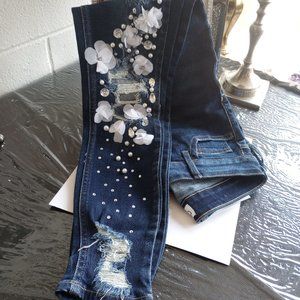 Jeans embellished rhinestones and pearls